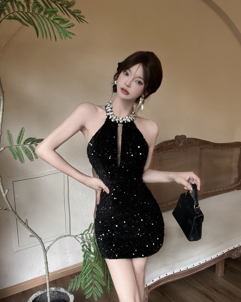 Sequins Hepburn style rhinestone sleeveless slim dress