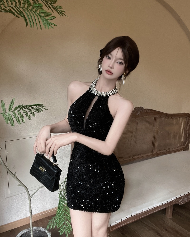 Sequins Hepburn style rhinestone sleeveless slim dress