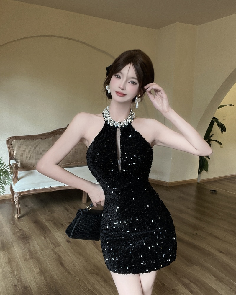 Sequins Hepburn style rhinestone sleeveless slim dress