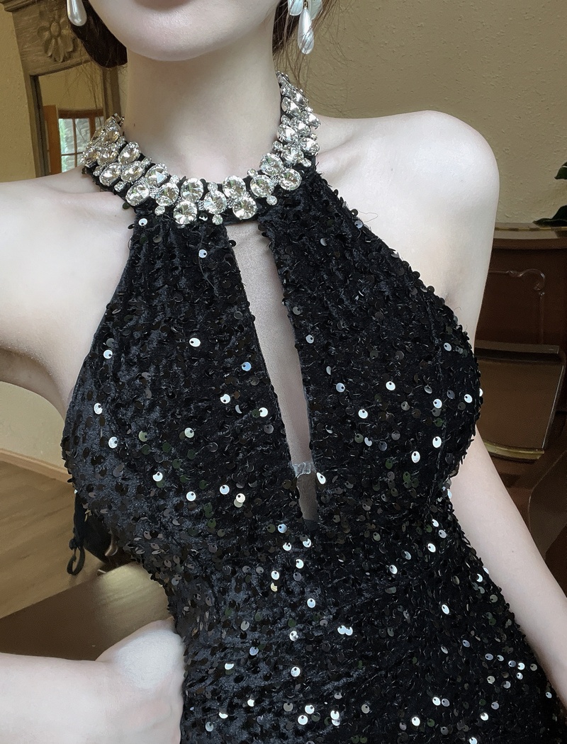 Sequins Hepburn style rhinestone sleeveless slim dress