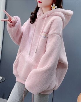 Plus velvet letters loose thick embroidery hoodie