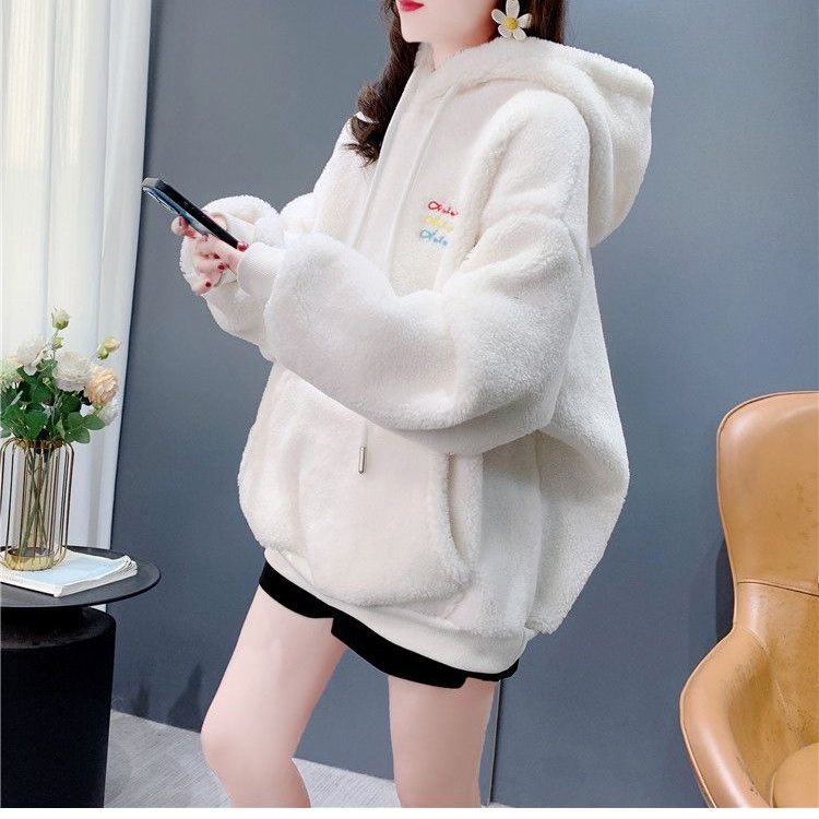 Plus velvet letters loose thick embroidery hoodie