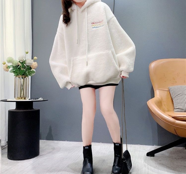 Plus velvet letters loose thick embroidery hoodie