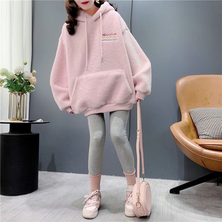 Plus velvet letters loose thick embroidery hoodie