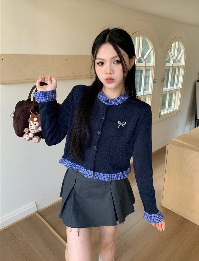 Bow short brooch college style long sleeve shirt