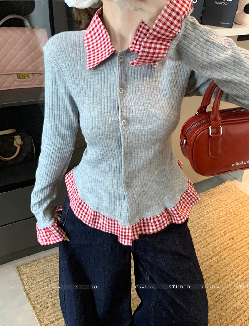 Mixed colors plaid spring tops long sleeve slim T-shirt for women