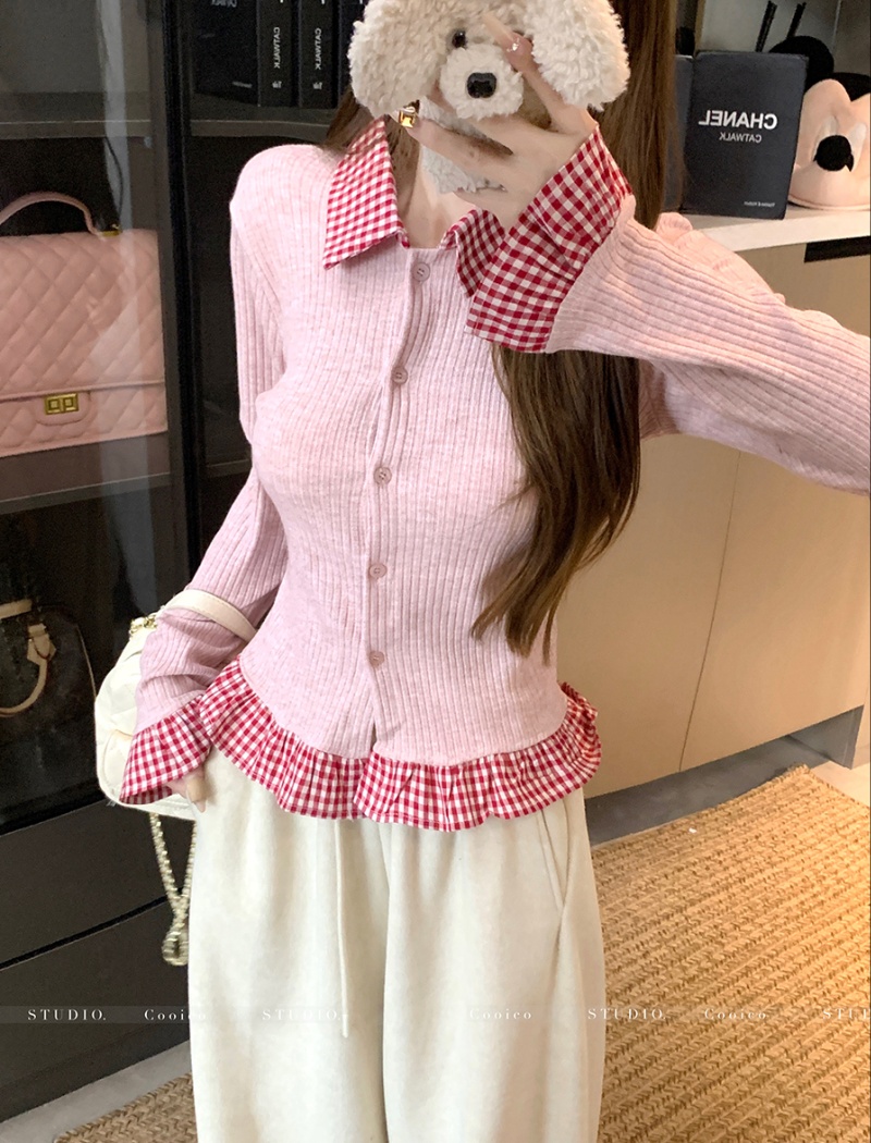 Mixed colors plaid spring tops long sleeve slim T-shirt for women