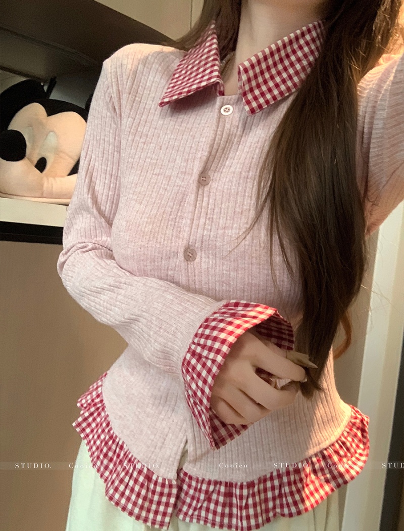 Mixed colors plaid spring tops long sleeve slim T-shirt for women