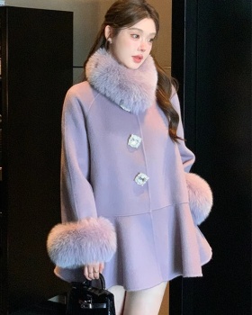 Purple fox fur winter wool woolen coat