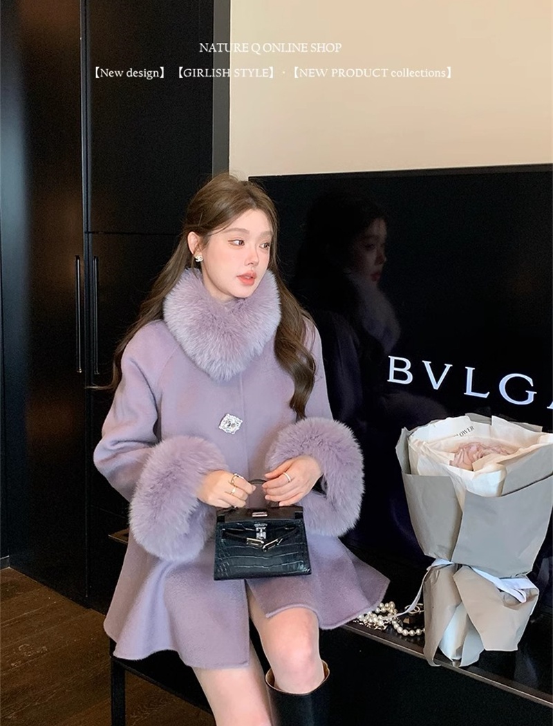 Purple fox fur winter wool woolen coat