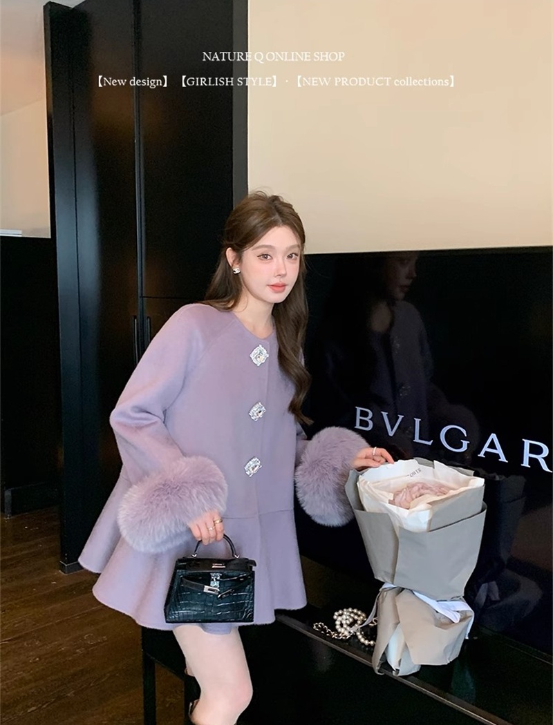 Purple fox fur winter wool woolen coat