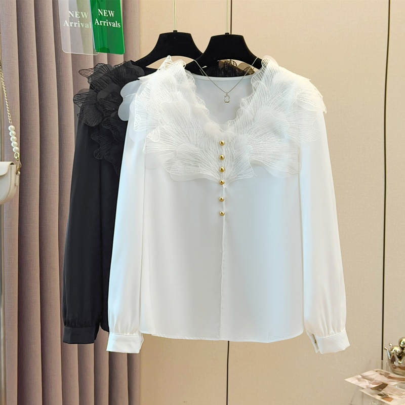 V-neck petal shirt France style tops for women