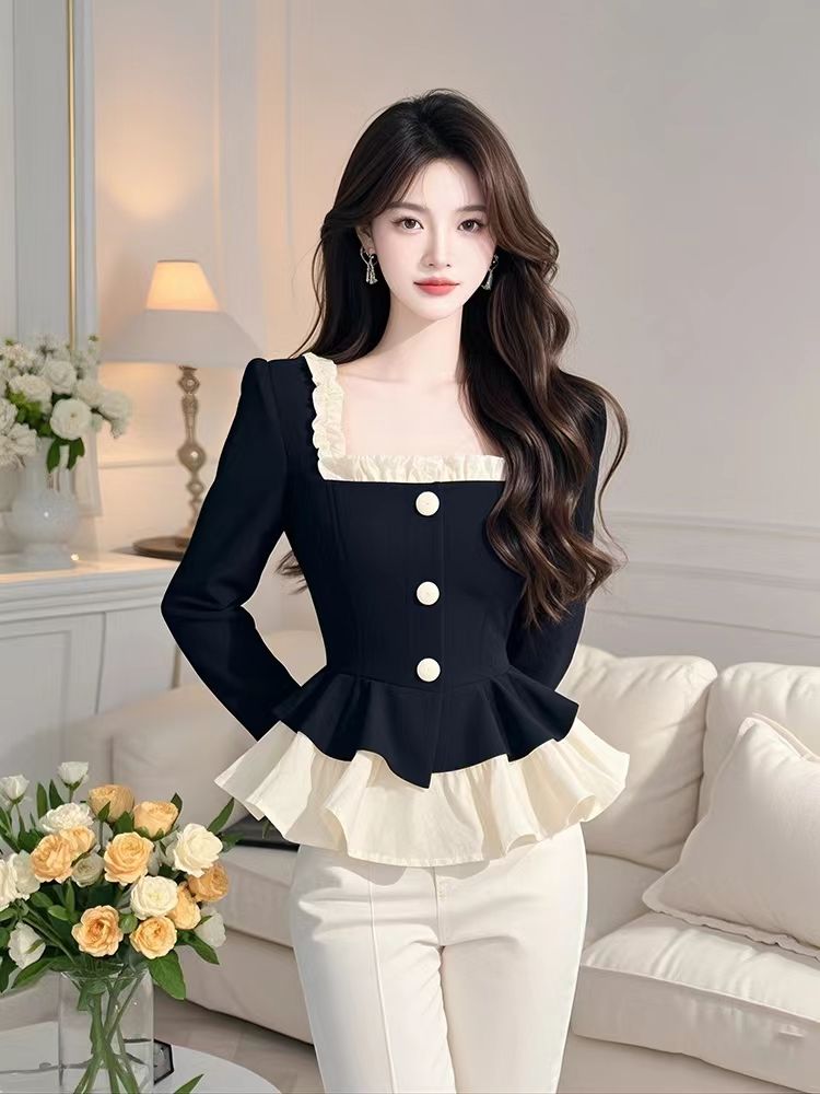 Unique Pseudo-two shirt black small shirt for women