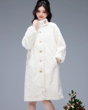 Lamb fur loose cstand collar coat long winter overcoat