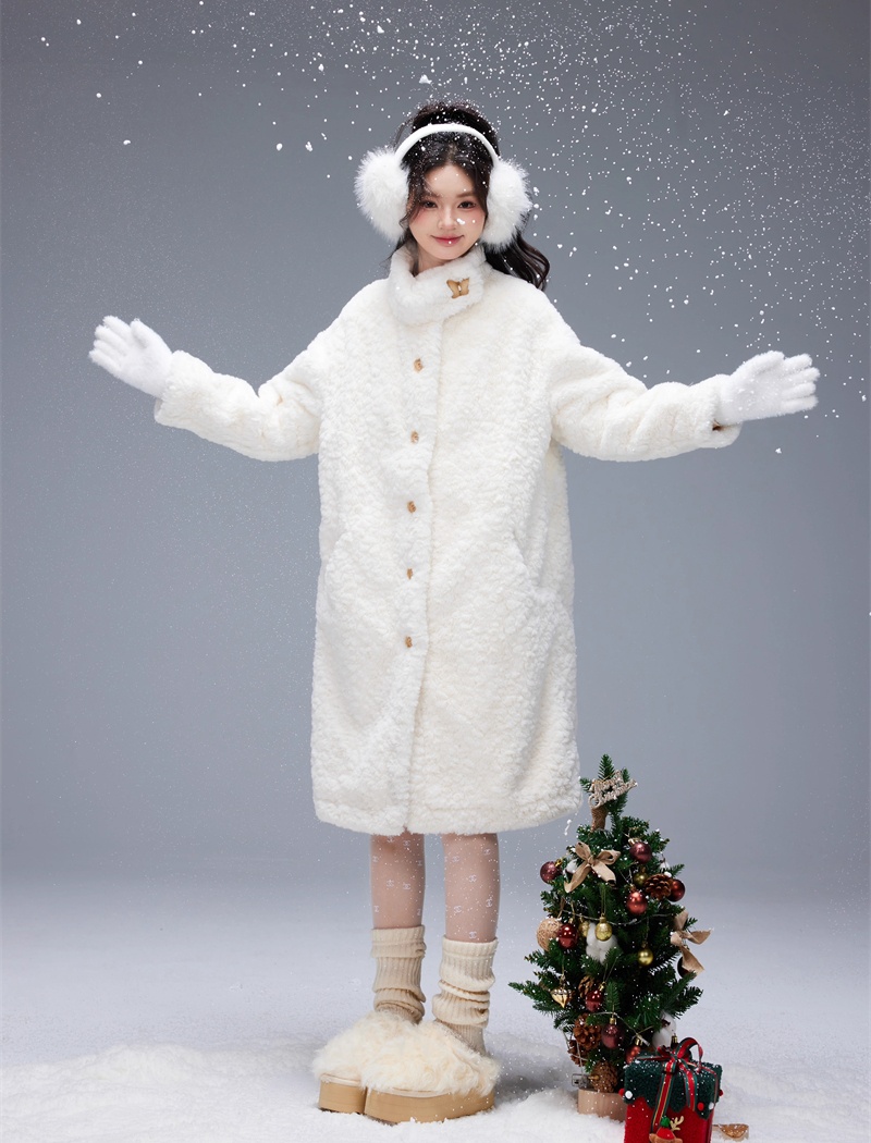 Lamb fur loose cstand collar coat long winter overcoat