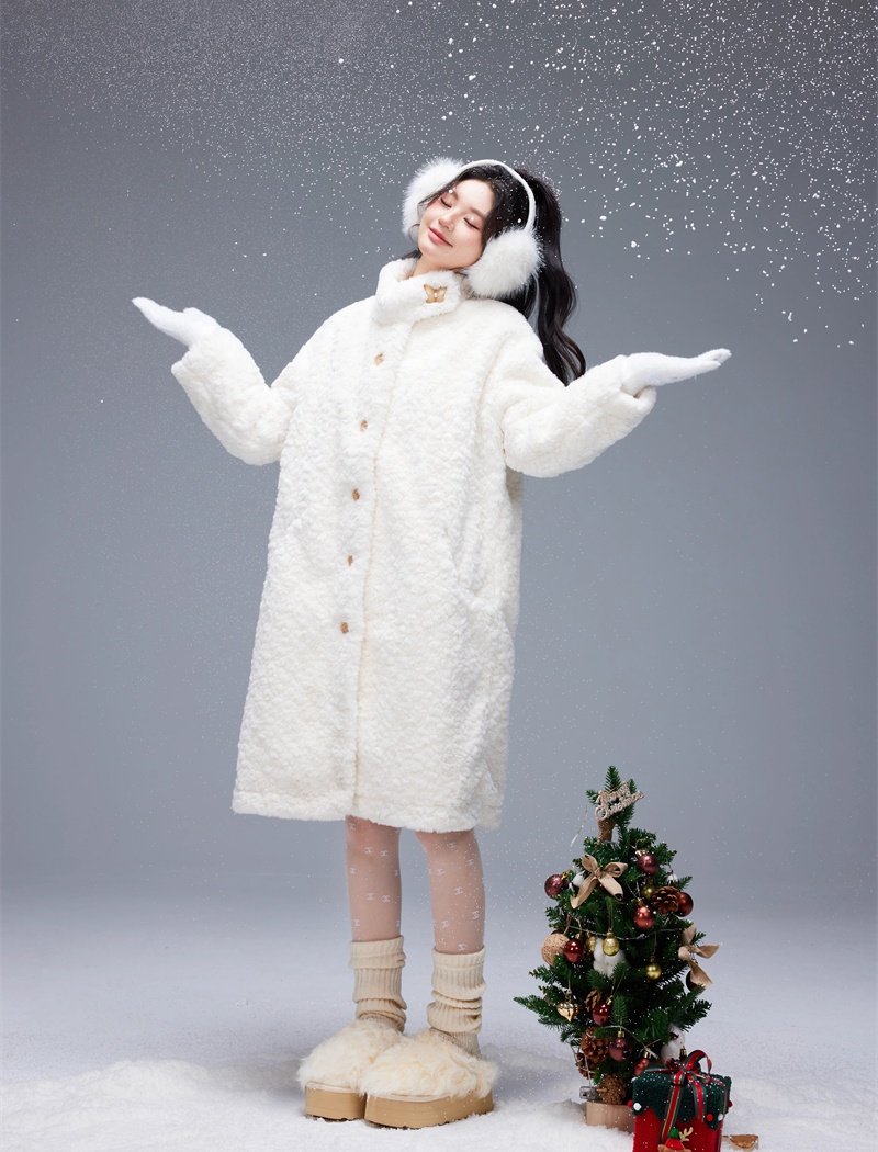 Lamb fur loose cstand collar coat long winter overcoat