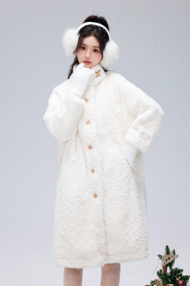 Lamb fur loose cstand collar coat long winter overcoat