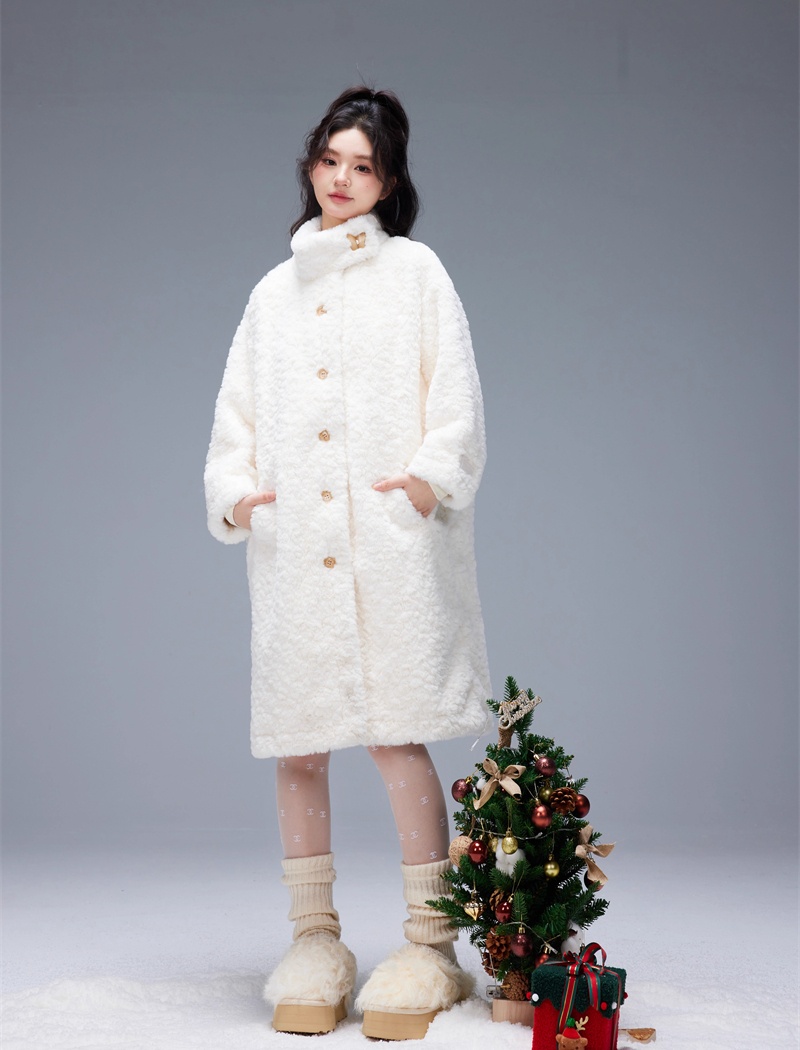 Lamb fur loose cstand collar coat long winter overcoat