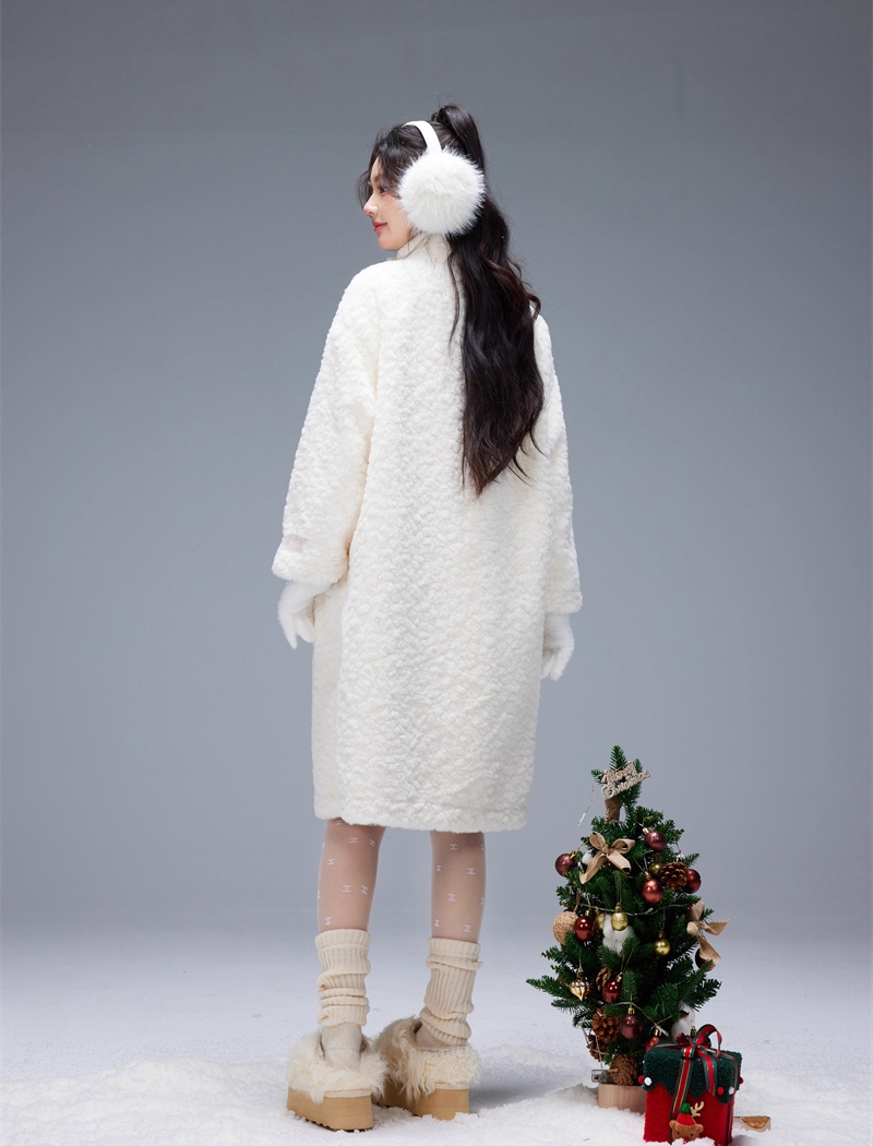 Lamb fur loose cstand collar coat long winter overcoat