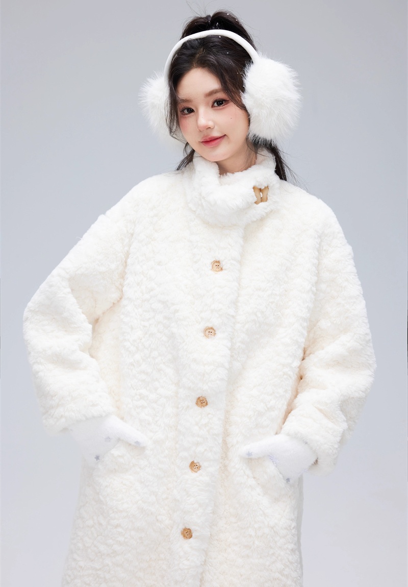 Lamb fur loose cstand collar coat long winter overcoat