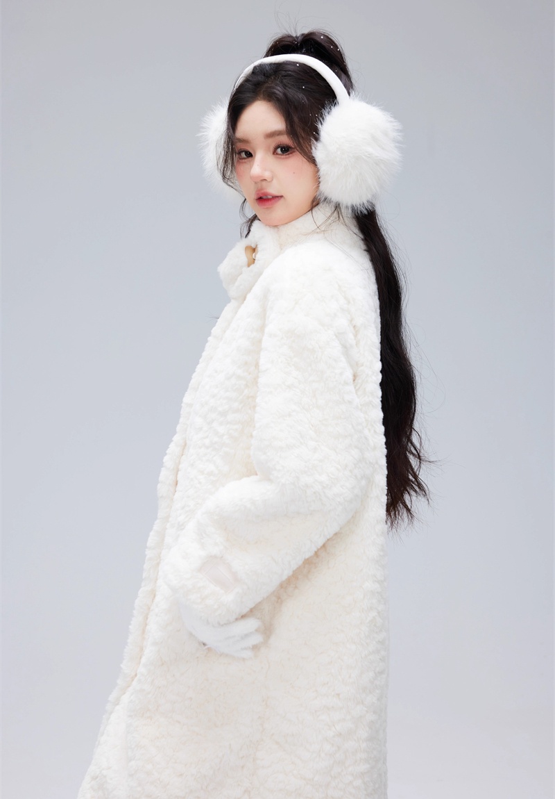 Lamb fur loose cstand collar coat long winter overcoat