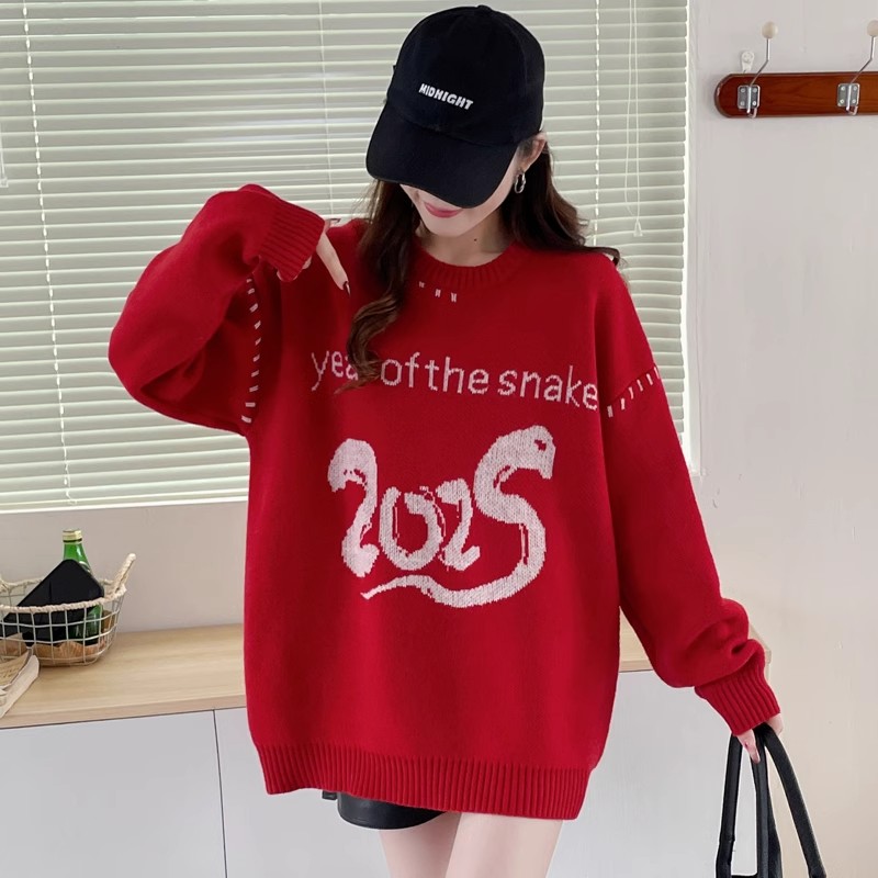 Loose red sweater autumn and winter couple clothes for women