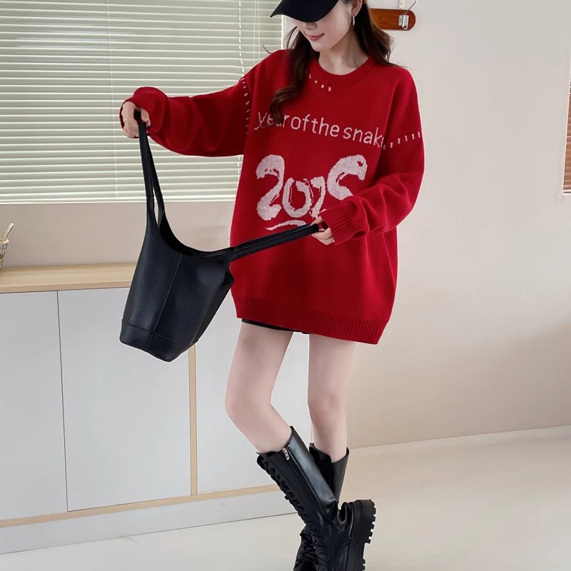 Loose red sweater autumn and winter couple clothes for women