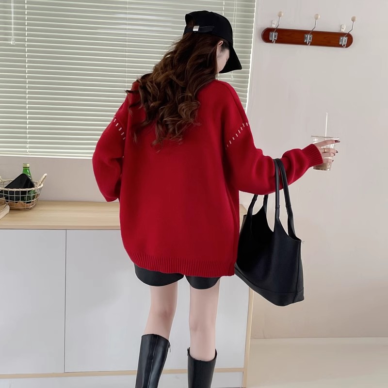 Loose red sweater autumn and winter couple clothes for women