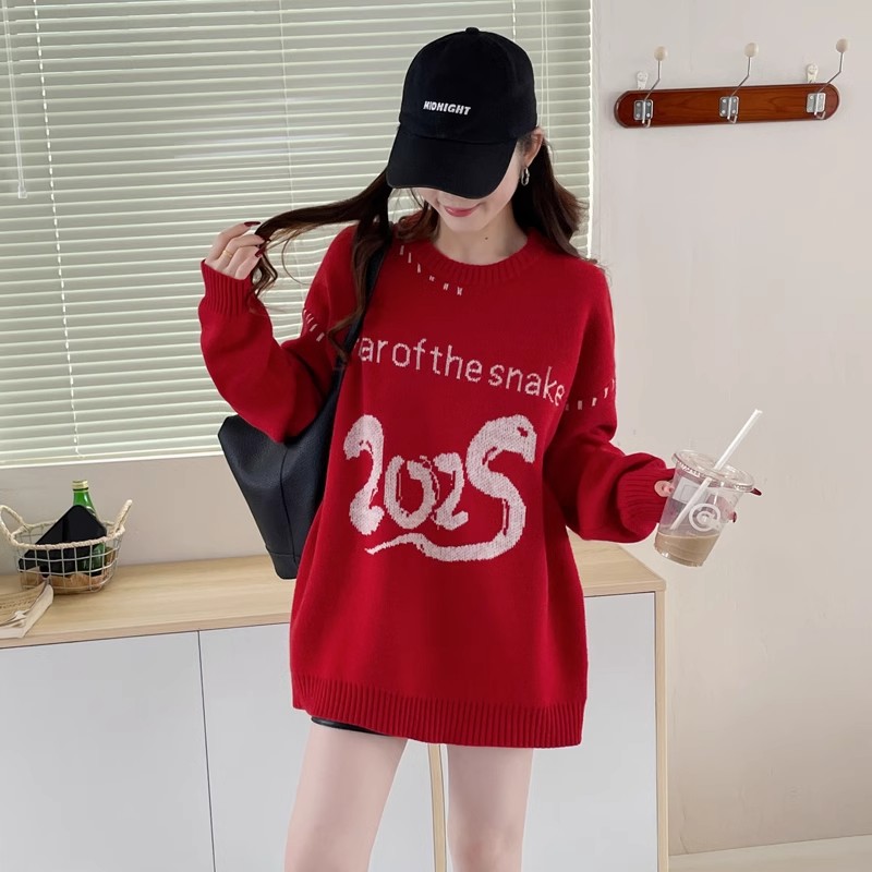 Loose red sweater autumn and winter couple clothes for women