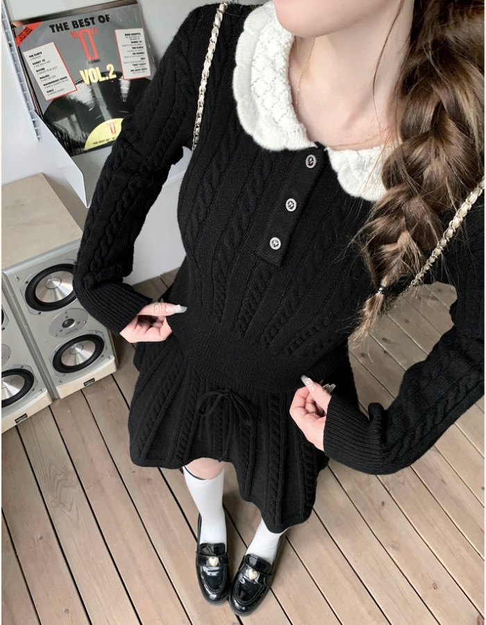 Black autumn and winter short skirt knitted skirt a set