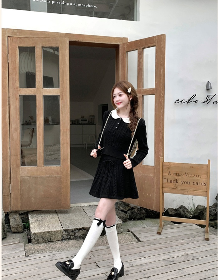 Black autumn and winter short skirt knitted skirt a set