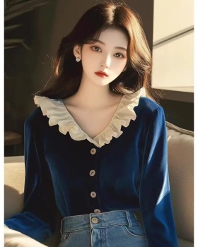 Temperament blue shirt velvet small shirt for women