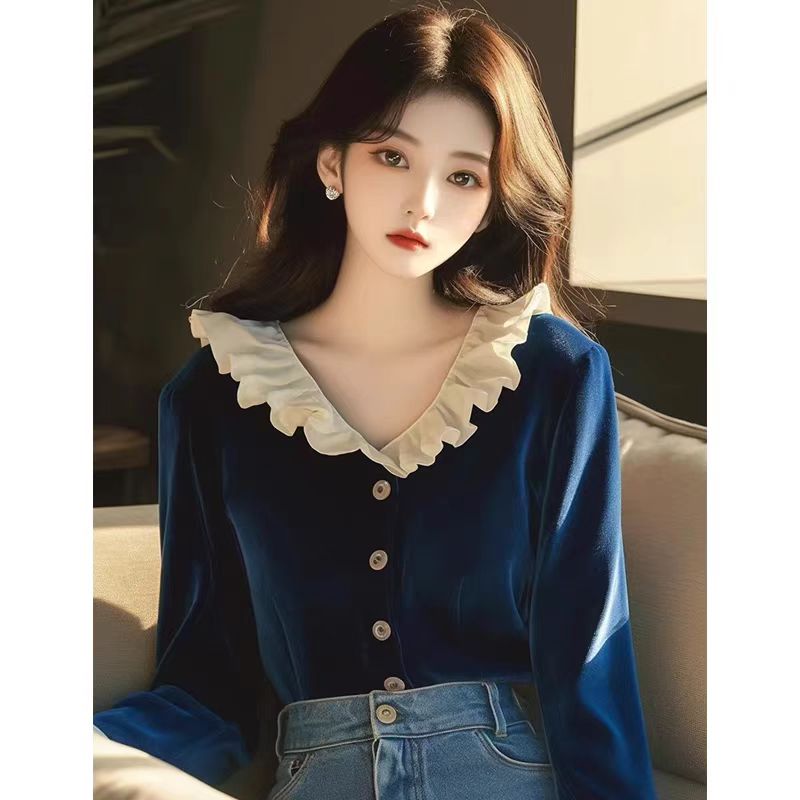 Temperament blue shirt velvet small shirt for women