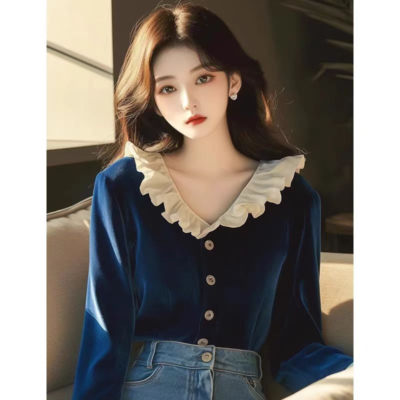 Temperament blue shirt velvet small shirt for women