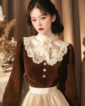 Spring and autumn grace brown shirt France style lace tops