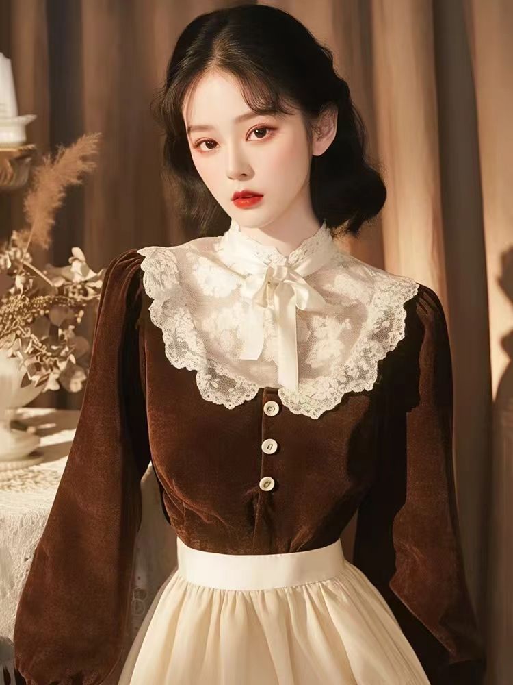 Spring and autumn grace brown shirt France style lace tops