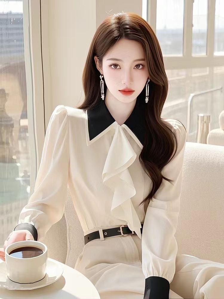 Lotus leaf collar white tops spring shirt for women