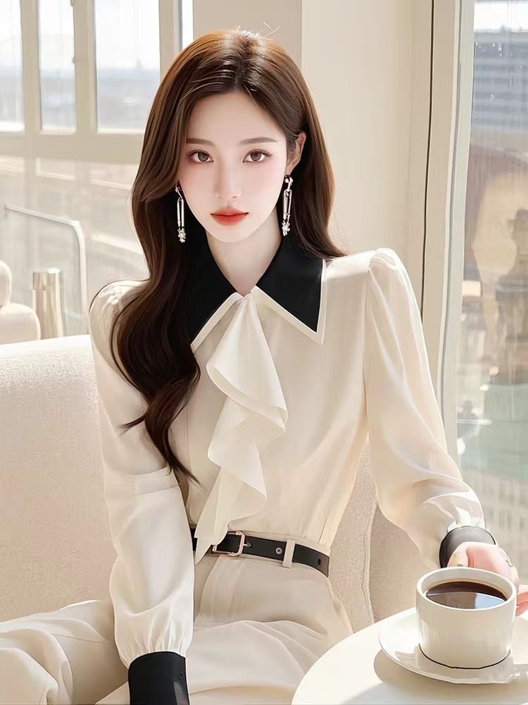 Lotus leaf collar white tops spring shirt for women