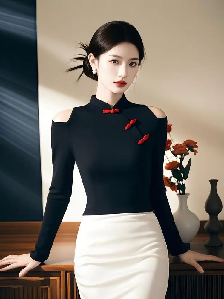 Temperament unique sweater black Chinese style tops for women