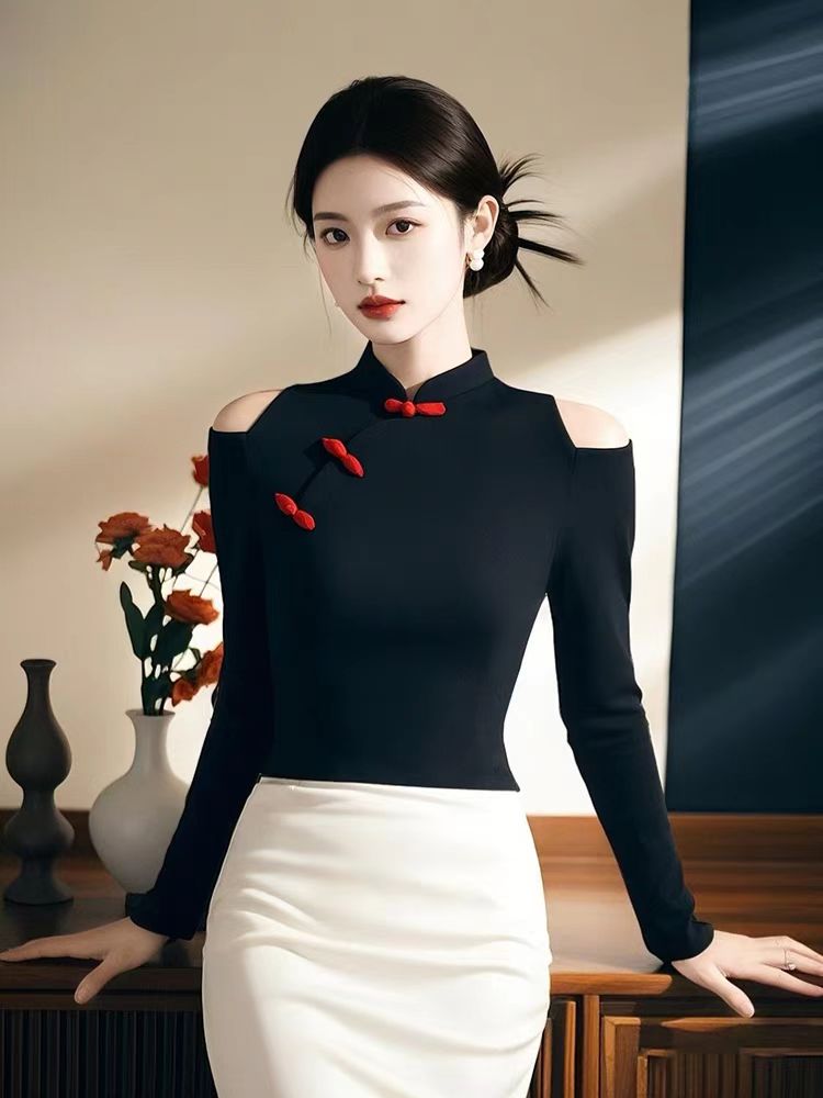 Temperament unique sweater black Chinese style tops for women