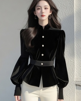 Niche velvet shirt pinched waist black tops for women