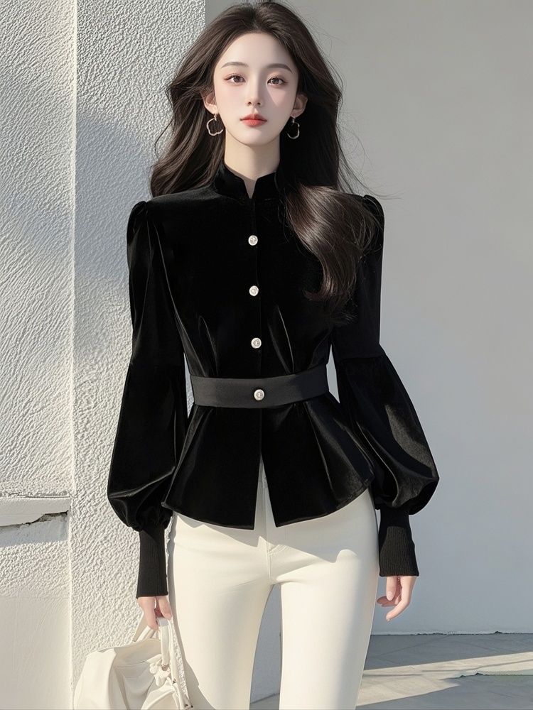 Niche velvet shirt pinched waist black tops for women