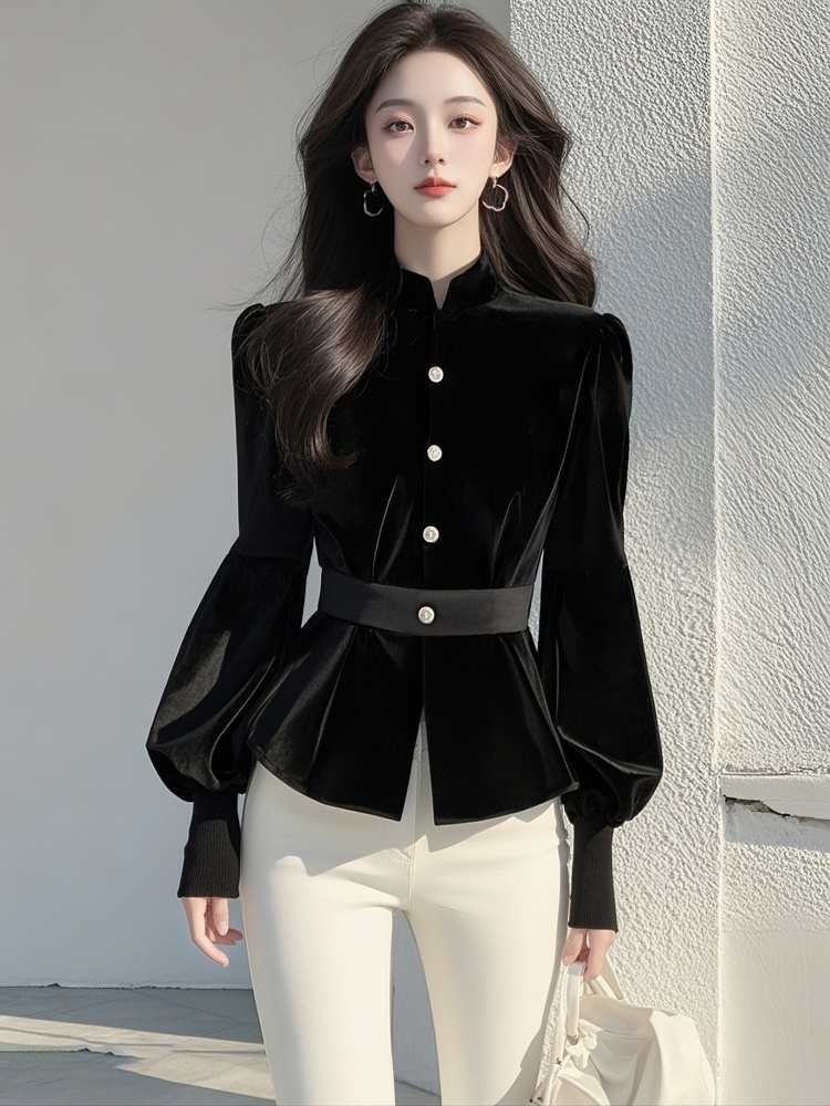 Niche velvet shirt pinched waist black tops for women