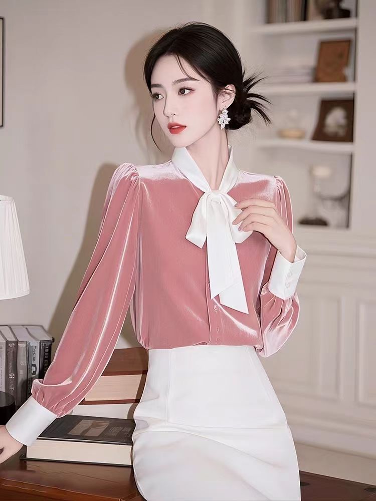 Temperament spring small shirt pink tops for women