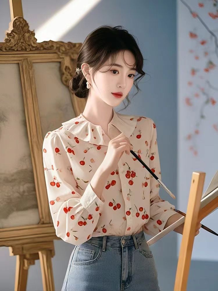 Retro spring tops France style printing shirt for women