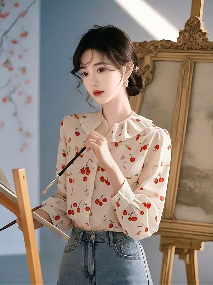 Retro spring tops France style printing shirt for women