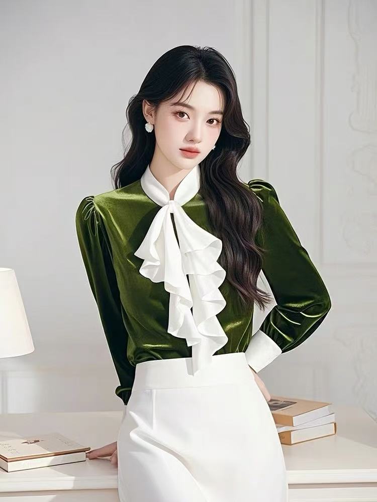 France style spring lotus leaf collar unique shirt for women