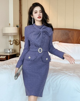 Fashion purple pinched waist bow dress for women