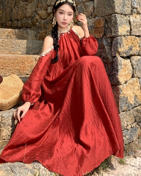 Bohemian style lace long dress red shell dress