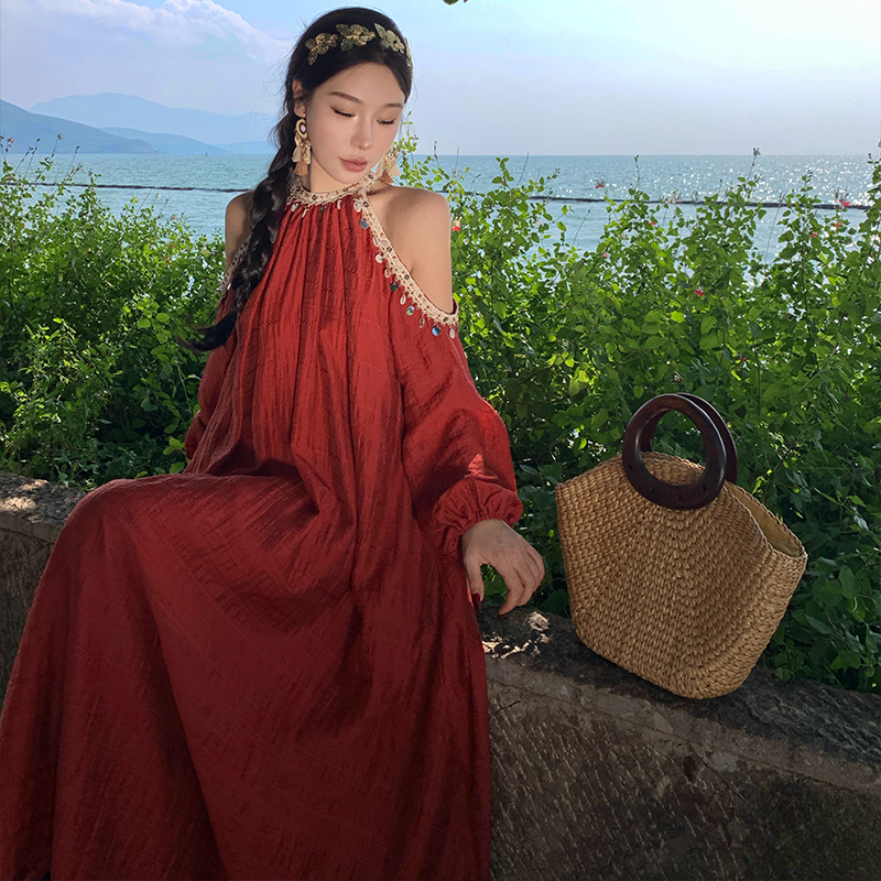 Bohemian style lace long dress red shell dress